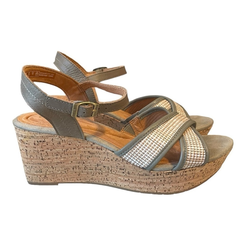 Clarks Womens Elleri Plum Olive Leather Textured Cork Ankle Strap Shoes Sz 9.5 W - Picture 3 of 12